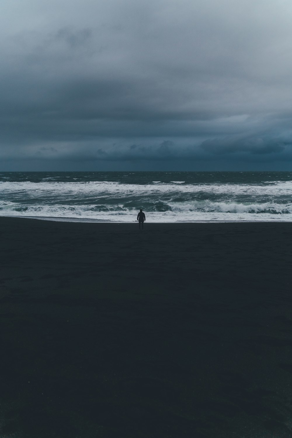 person standing on shore under cloudy sky