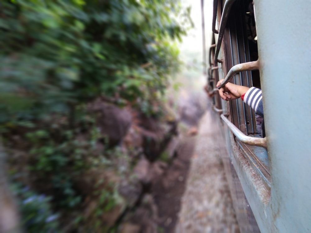 selective focus photography of person's hand holding window grille