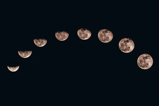 A sequence of moon phases forming an arc against a dark night sky