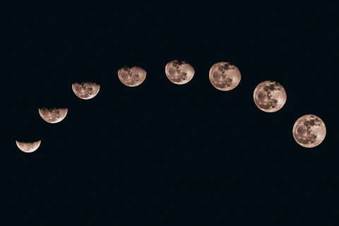 A sequence of moon phases forming an arc against a dark night sky