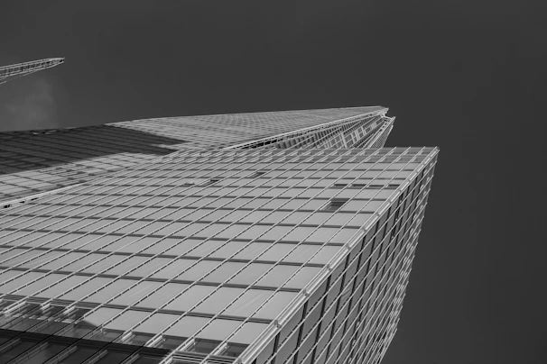 A sleek black and white photo of a modern construction site at dusk, highlighting steel frameworks against a dark sky.
