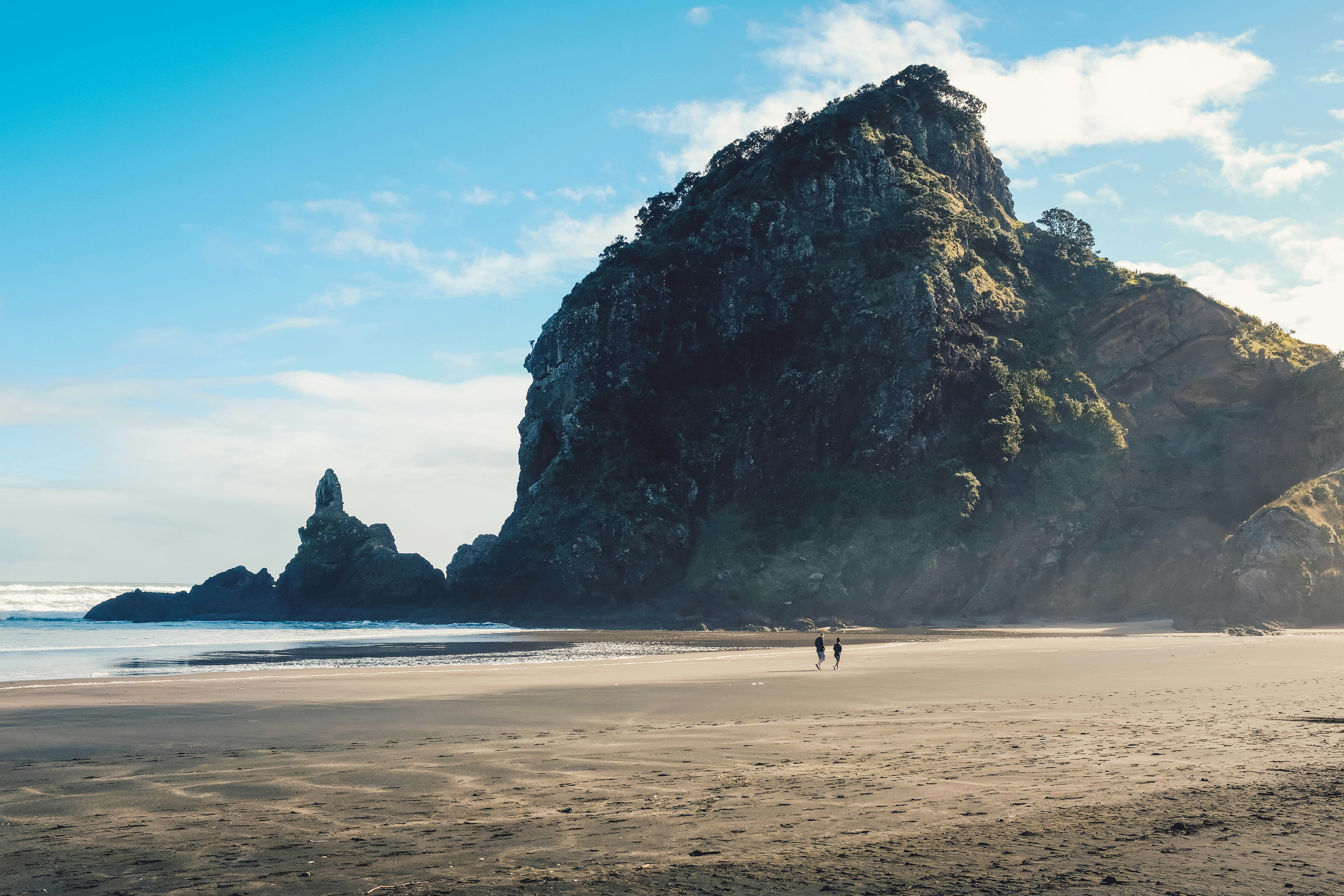two people on seashore near tree mountain