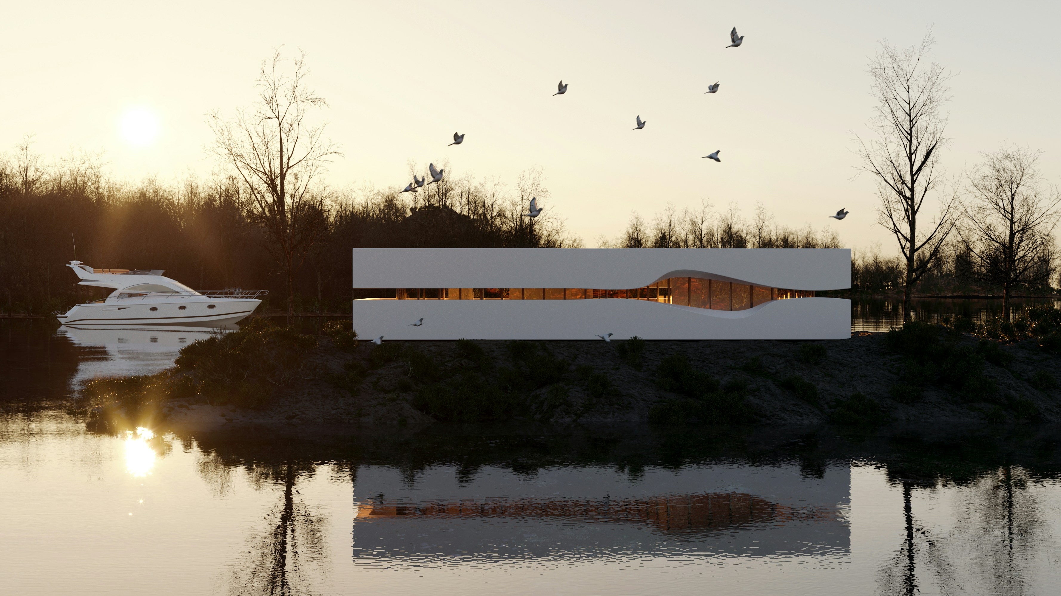white yacht docked near house