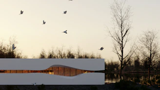 Night view of a minimalist building illuminated with soft white lights emphasizing its form.
