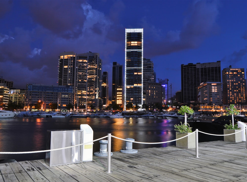 brown wooden dock near body of water at night