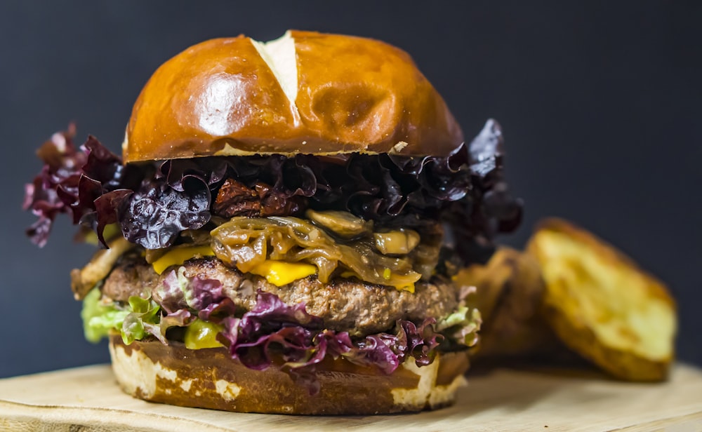 hamburger on wooden board