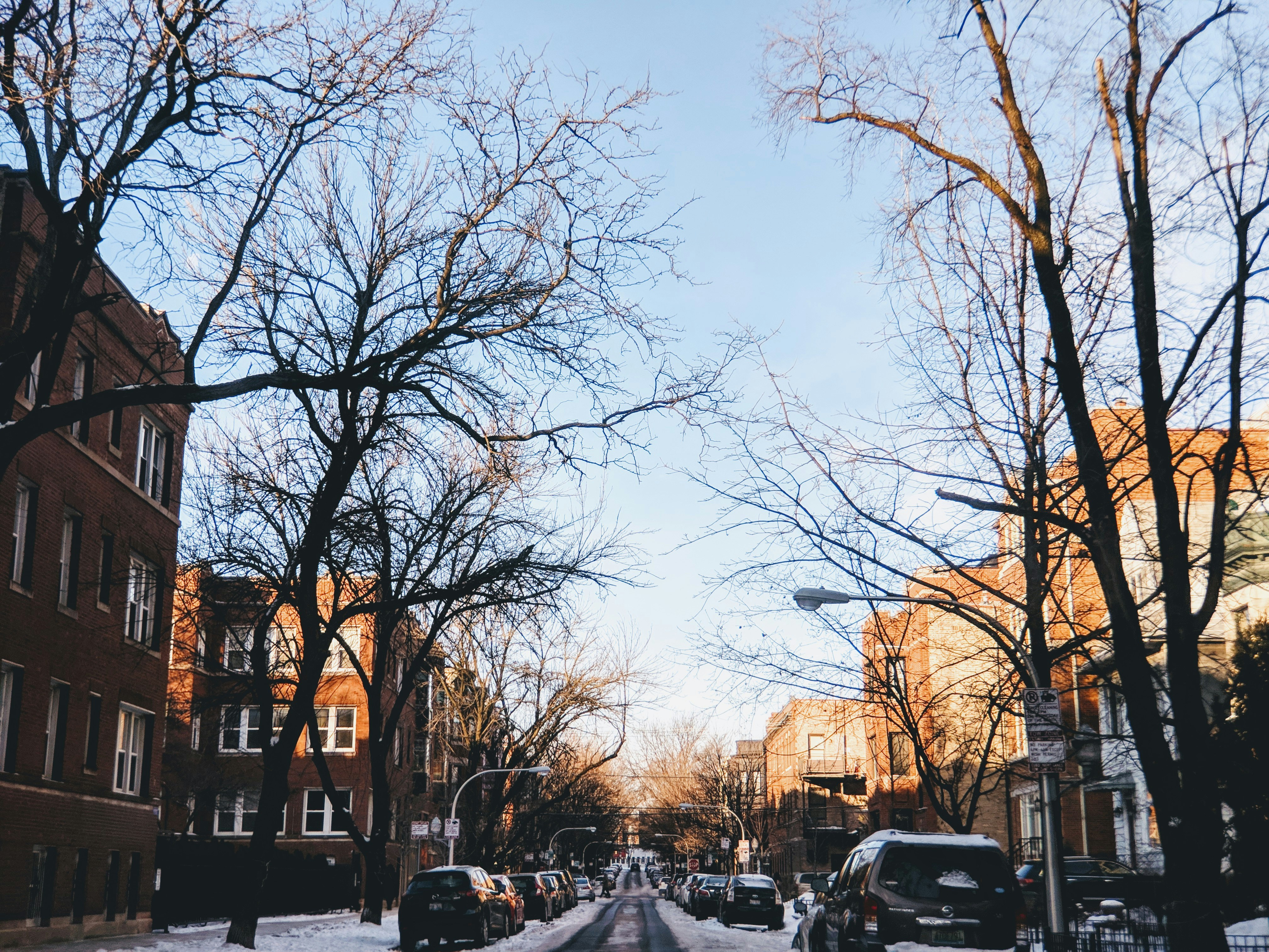 black cars parked in both side of street during winter