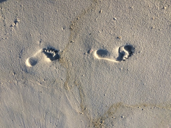 Footprints on a sandy beach, symbolizing a journey.