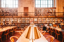 A spacious library features high bookshelves filled with a variety of books. There are wooden tables with brass reading lamps arranged in rows. One person is seen sitting at a table working on a computer. The room has large windows that allow natural light to flood in, adding a warm and inviting atmosphere.