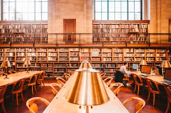 A spacious library features high bookshelves filled with a variety of books. There are wooden tables with brass reading lamps arranged in rows. One person is seen sitting at a table working on a computer. The room has large windows that allow natural light to flood in, adding a warm and inviting atmosphere.