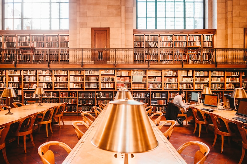 A spacious library features high bookshelves filled with a variety of books. There are wooden tables with brass reading lamps arranged in rows. One person is seen sitting at a table working on a computer. The room has large windows that allow natural light to flood in, adding a warm and inviting atmosphere.