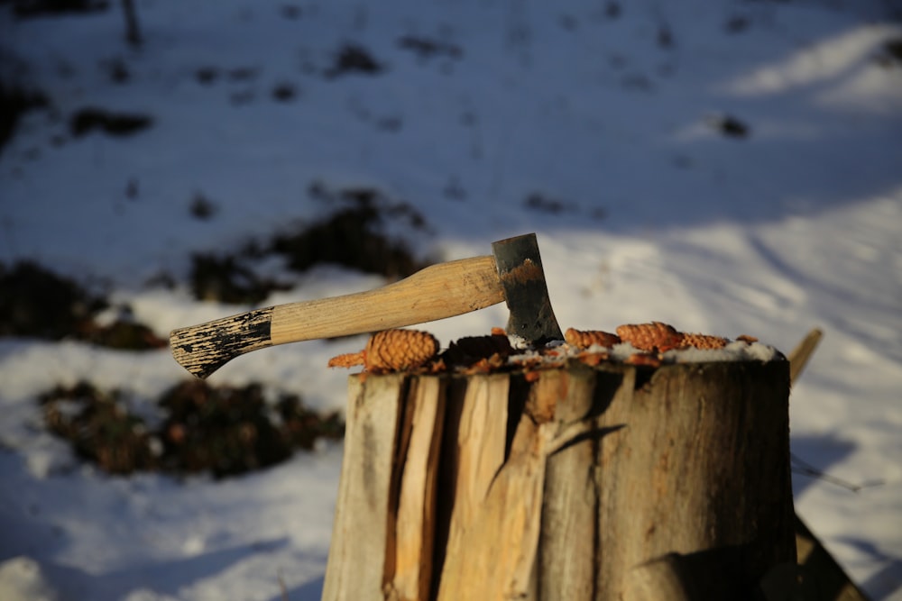 brown-handled ax on tree trunk