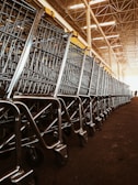 A large group of shopping carts arranged in a neat, orderly line inside a spacious warehouse. The metallic frames of the carts reflect the overhead lighting, and the ceiling features a grid-like structure with bright lights.