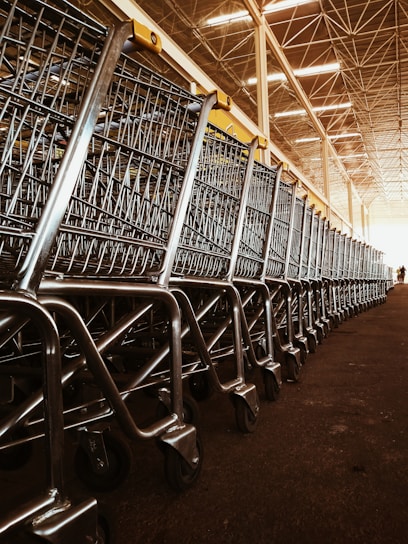 A large group of shopping carts arranged in a neat, orderly line inside a spacious warehouse. The metallic frames of the carts reflect the overhead lighting, and the ceiling features a grid-like structure with bright lights.