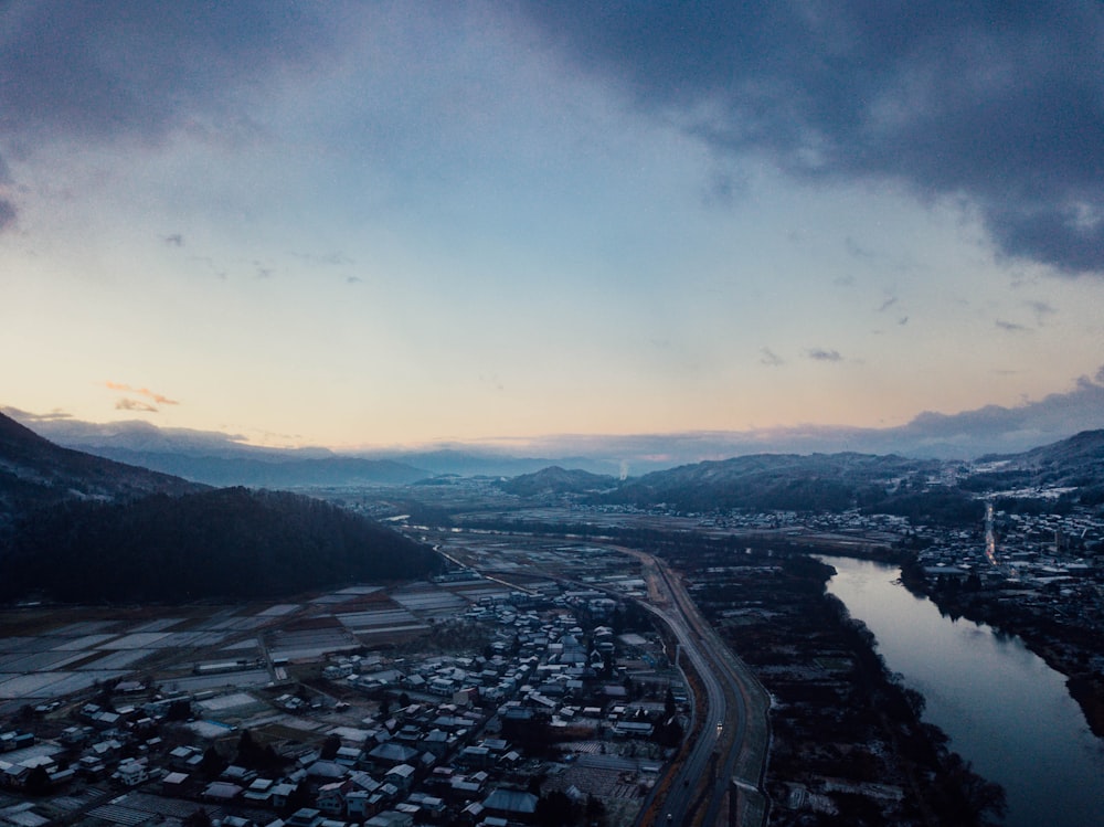 aerial view of houses and mountain