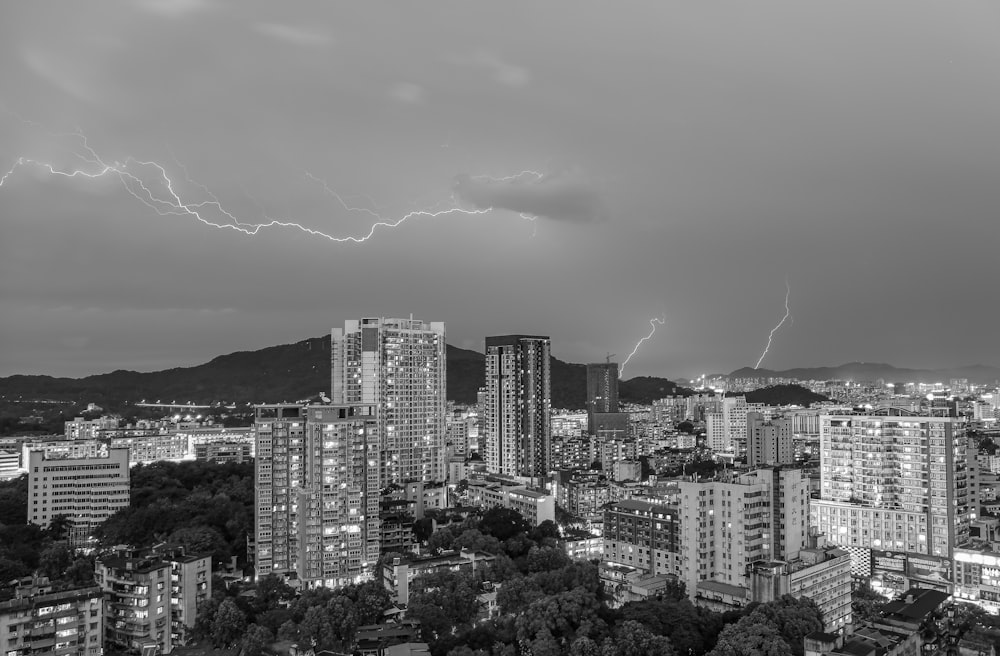 lightning strikes over the city