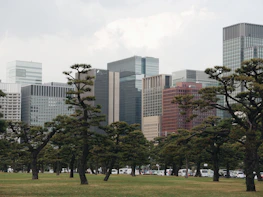 A city skyline featuring sustainable urban infrastructure and green spaces.