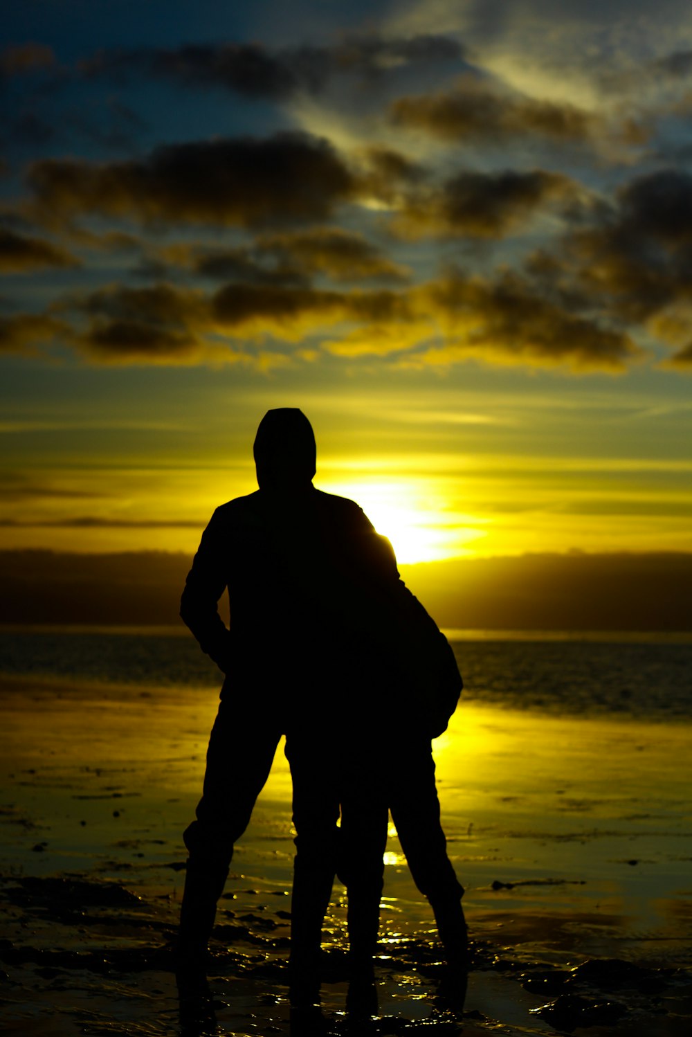 silhouette photo of two persons standing beside beach