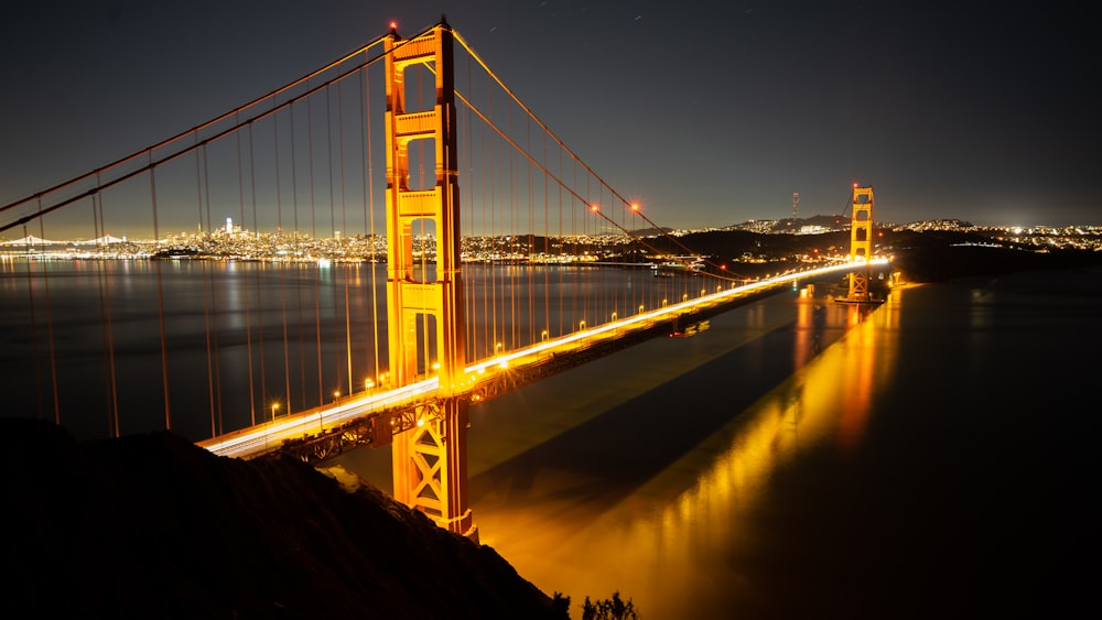 suspension bridge beside body of water