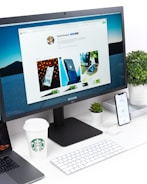 turned on computer monito beside indoor plant