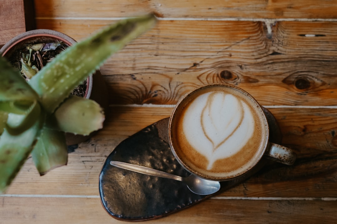 high-angle photography of teacup filled with coffee beside plant on table