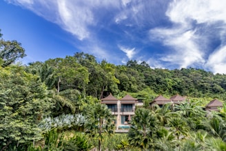 Luxurious villas with pointed roofs are nestled amidst lush tropical greenery. Dense foliage surrounds the buildings, creating a peaceful and secluded atmosphere. A bright blue sky with wispy white clouds stretches overhead.