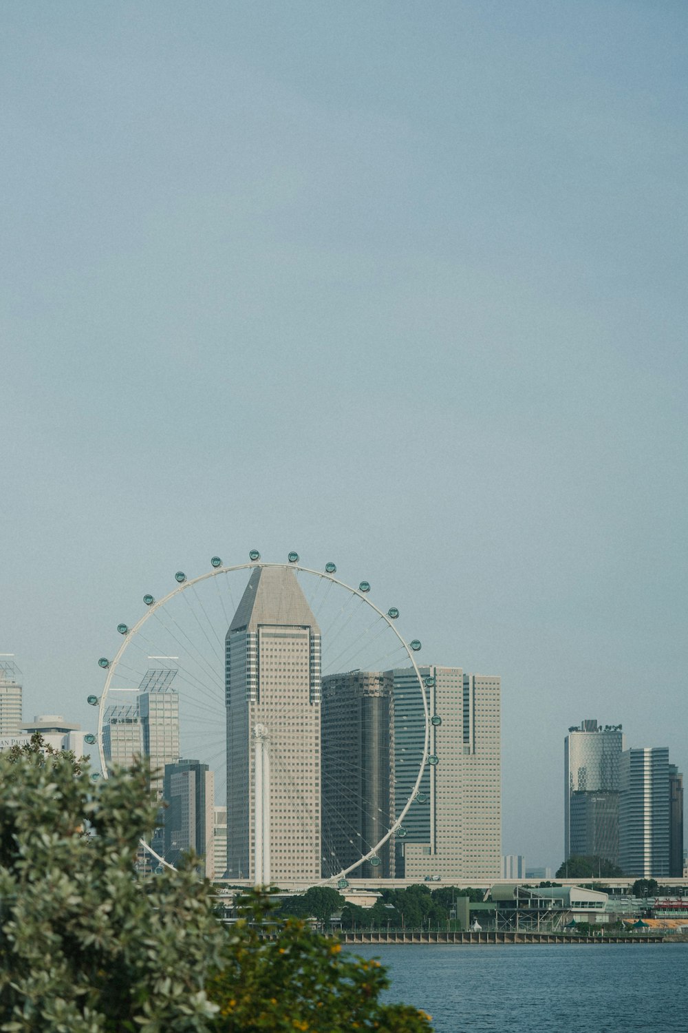 ferries wheel near highrise building and sea