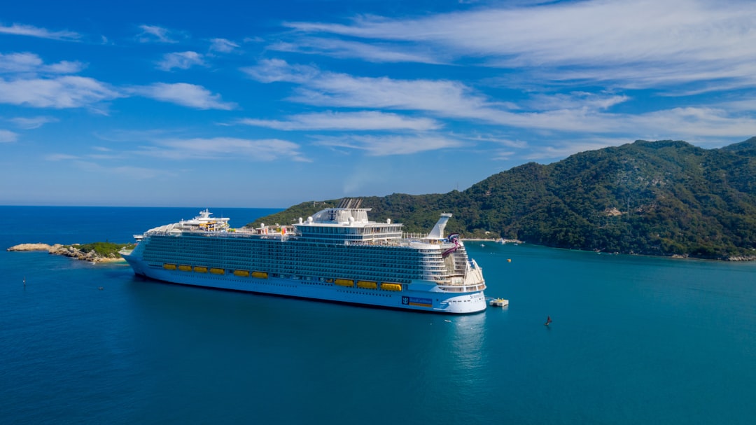 white cruise ship, Drone photo while the cruise ship is docked along side this private spot