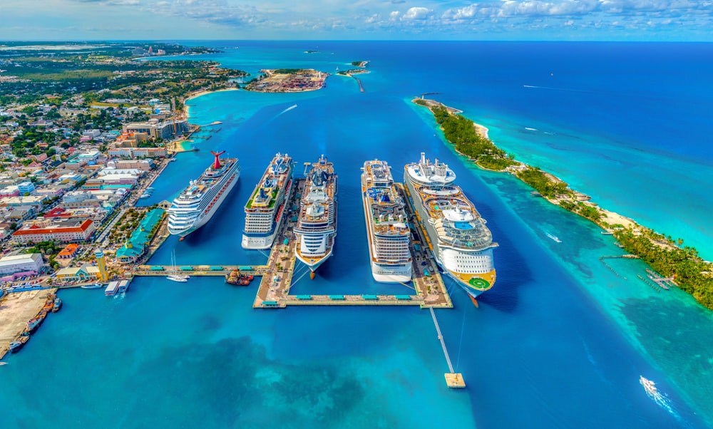 Luftaufnahmen von weißen und blauen Kreuzfahrtschiffen bei Tag