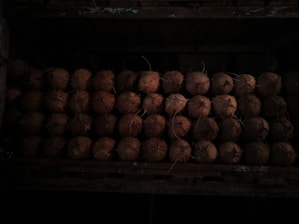 Close-up of fresh coconuts stacked neatly in a rustic wooden crate.