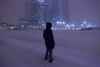 A shadowy figure in a dark coat overlooking a cityscape at night, illuminated by distant lights and digital data overlays.