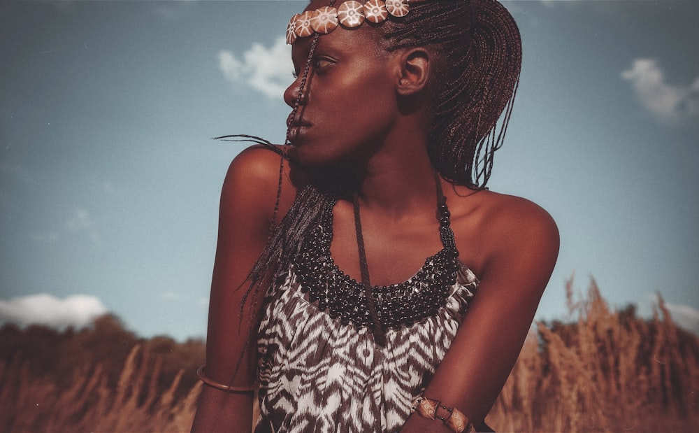 woman in black and brown top