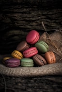 French macaroons on gray textile