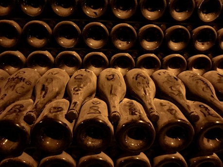 Close-up of elegant wine bottles with labels visible in a cozy cellar setting