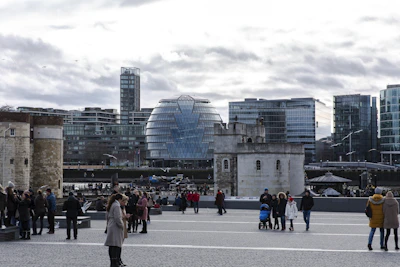 A vibrant street scene in Brasília with people engaging in lively conversation under the city’s modern architecture.