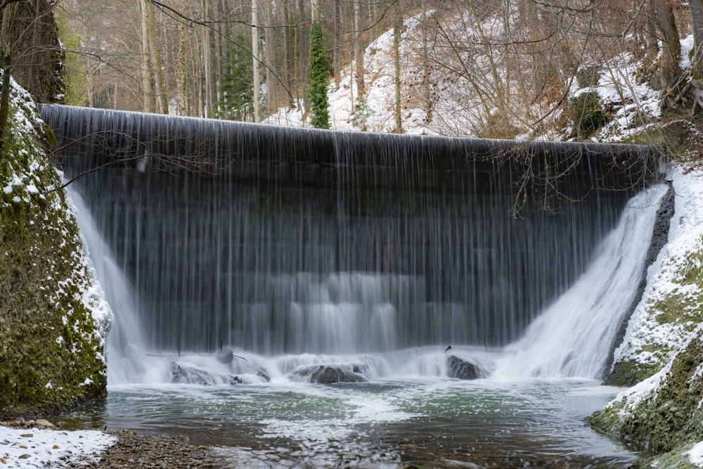 waterfall between trees covered with snow