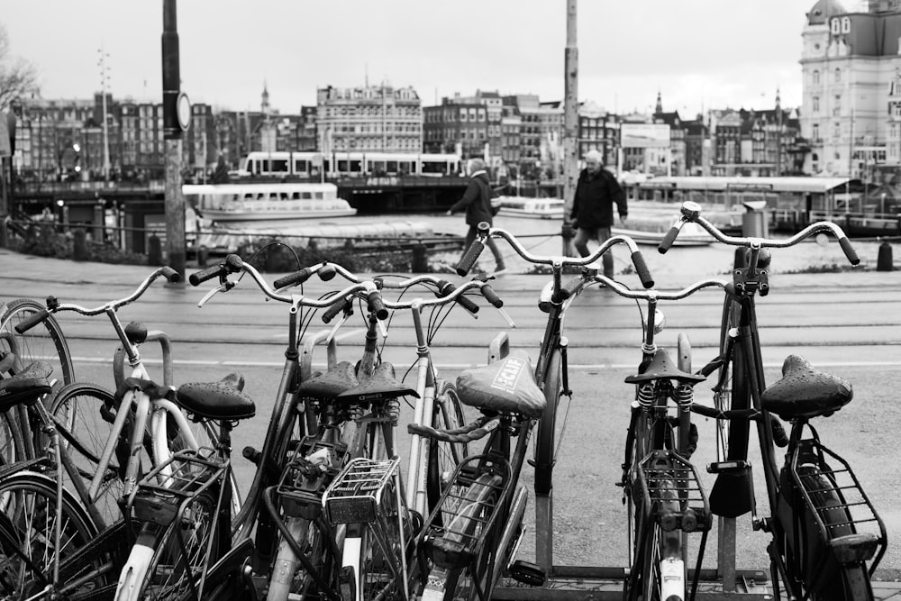 gray scale photo of bicycles