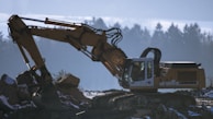 An excavator is stationed on rocky terrain with its arm extended. The background shows a blurred silhouette of trees under a blue sky, suggesting early morning or late afternoon lighting.
