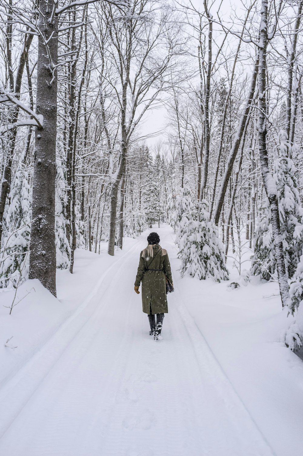 person walking on snow covered road surrounded by bare trees