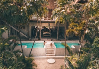 man and woman swimming at pool surrounded by trees