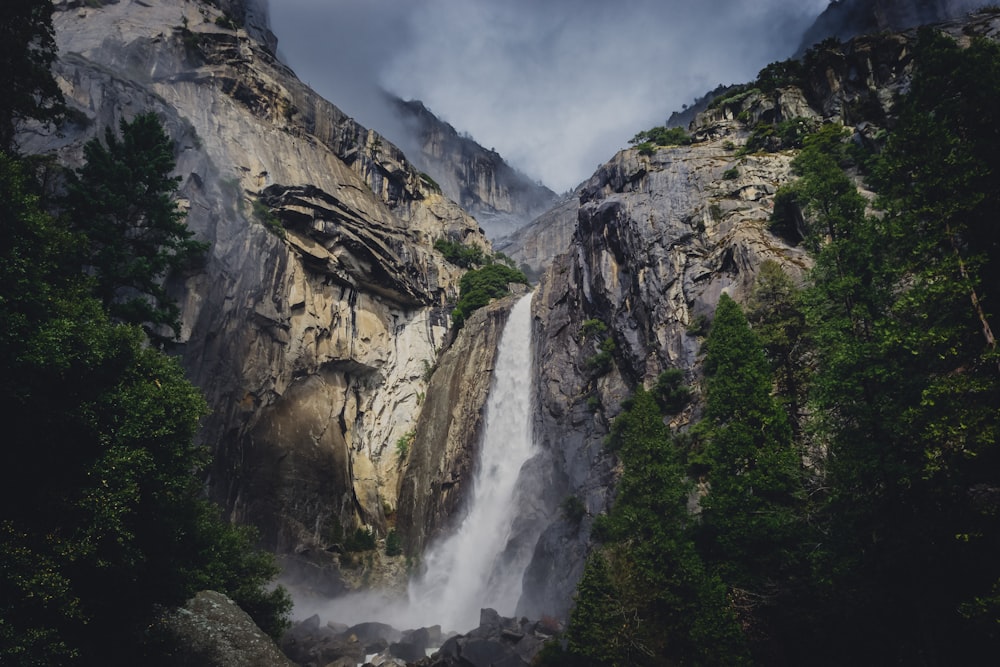low angle photo of waterfalls
