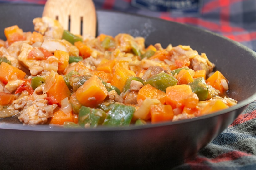 A close-up of a colorful stir-fry dish in a pan, featuring diced carrots, green bell peppers, chicken pieces, and onions. The dish appears vibrant and freshly cooked, with a wooden spatula visible in the background.