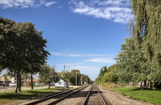 A straight railway track stretches into the distance, flanked by lush green trees on either side under a bright blue sky. A small building and utility poles are visible to the left, along with parked vehicles and a traffic cone.