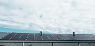 A bright, sunny rooftop covered with sleek solar panels under a clear blue sky.