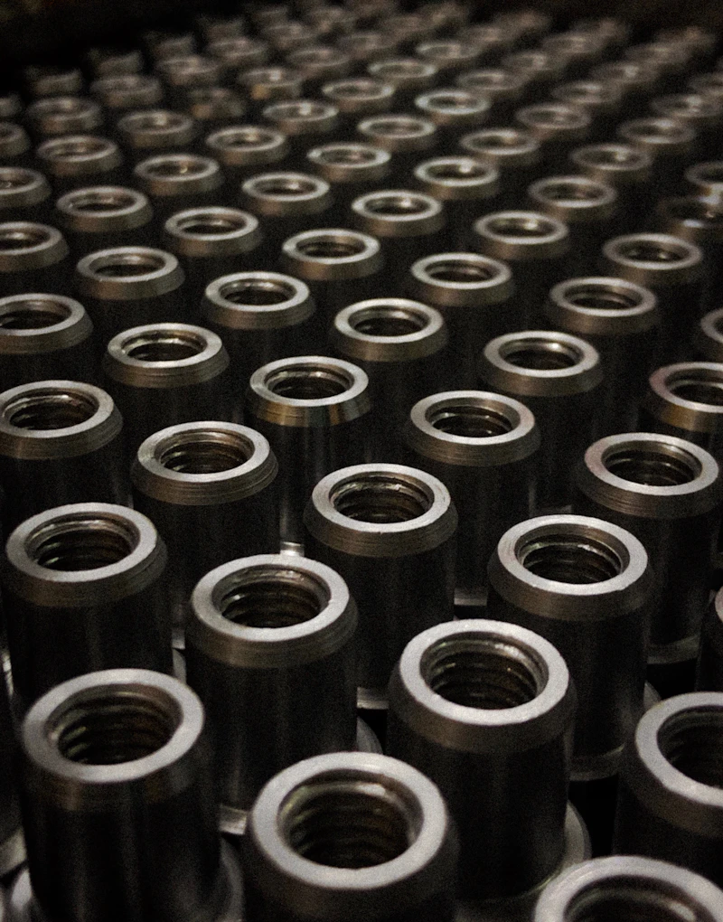 Rows of machined bronze bushings and sleeve bearings
