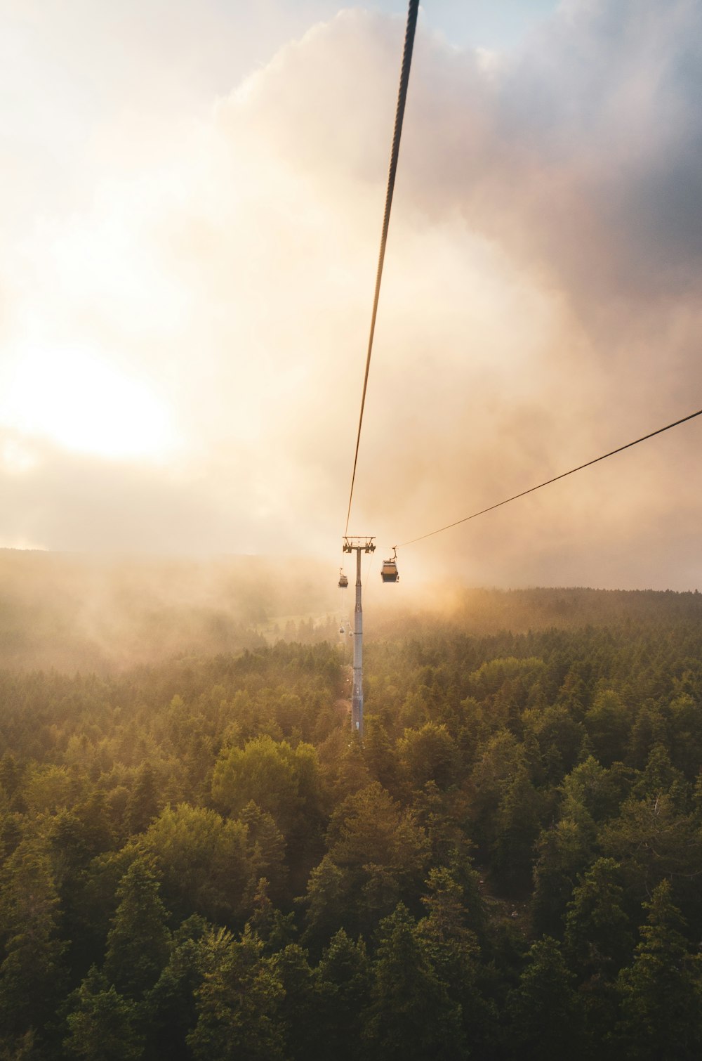 Téléphérique sous ciel brun et blanc