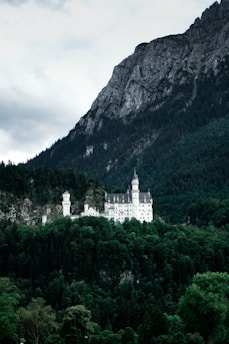 A majestic medieval castle surrounded by lush greenery and mountains under a dramatic sky.