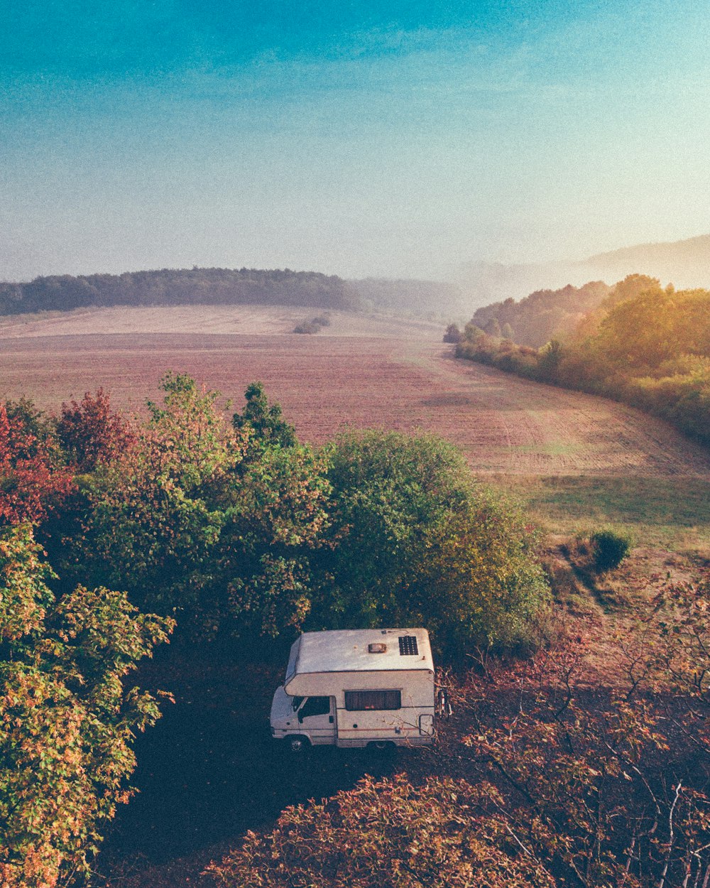 Weißer Campingbus in der Nähe von Bäumen geparkt