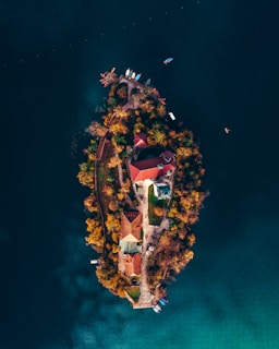 An aerial view of a small, elongated island surrounded by deep blue water. The island is lush with green and brown foliage, featuring several red-roofed buildings and pathways crisscrossing through the landscape. A few small boats are docked at the edge, while others are visible in the surrounding water.
