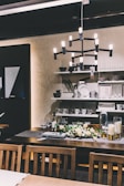A beautifully arranged dining area with a wooden table.